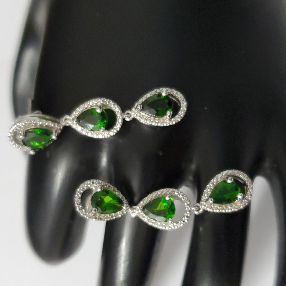 Sterling Silver 925 Emerald Halo Dangle Earrings